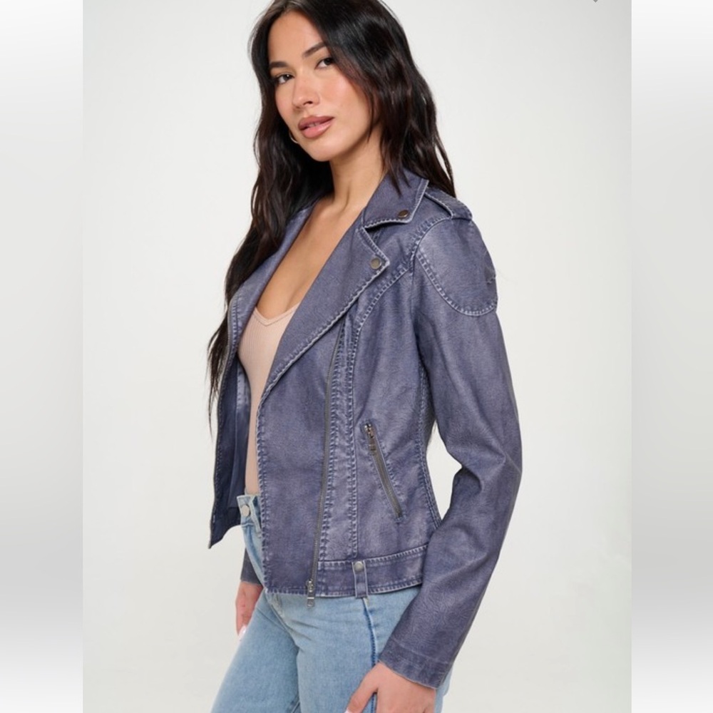 158. Denim Faux Leather Vintage Retro Moto Style NEW - Picture 2 of 4